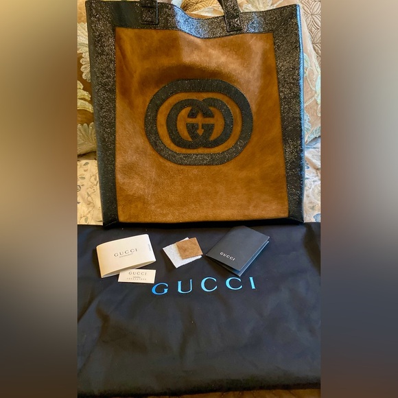Gucci Ophelia Black and Brown Logo Suede Tote Shoulder Bag NWT in Box - Picture 5 of 12